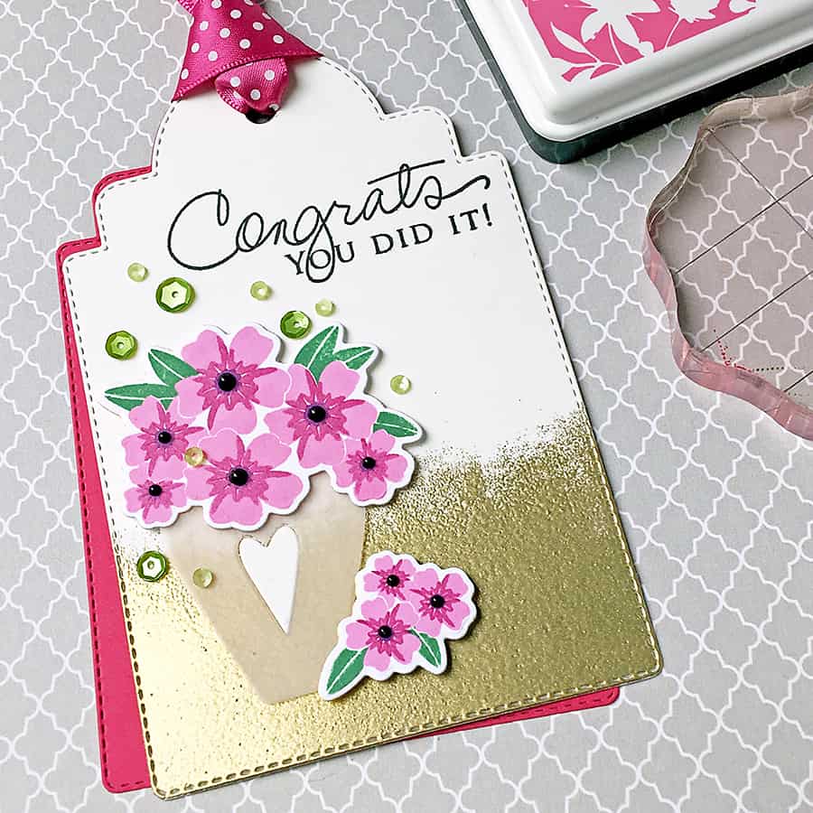 Congrats Gift Tag - Stamped images from Papertrey Ink, altered coffee mug die from Simon Says Stamp. To create the gold finish, swipe your watermark ink across the bottom of the tag, dip in gold embossing powder and heat!