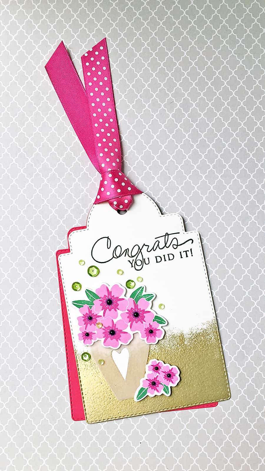 Floral Congrats Tag - Stamped images from Papertrey Ink, altered coffee mug die from Simon Says Stamp. To create the gold finish, swipe your watermark ink across the bottom of the tag, dip in gold embossing powder and heat!