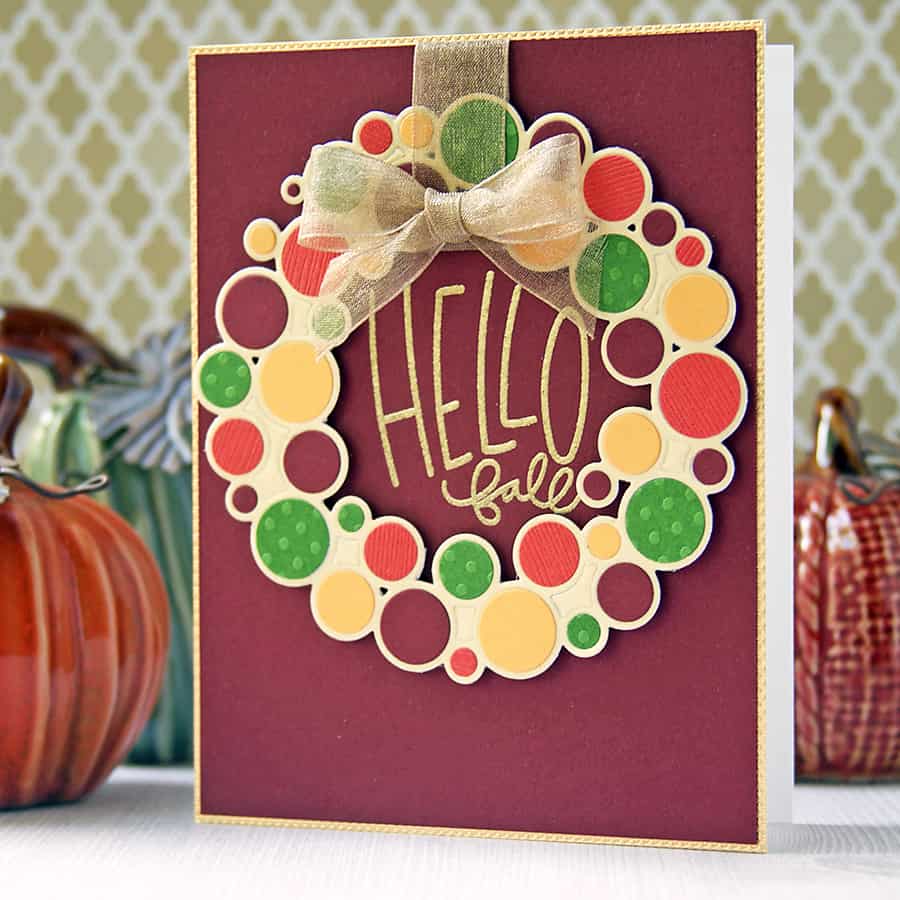 An autumn wreath made with Simon Says Stamp's Ring Wreath Die. Choose different colors to reuse this wreath for all kinds of occasions!