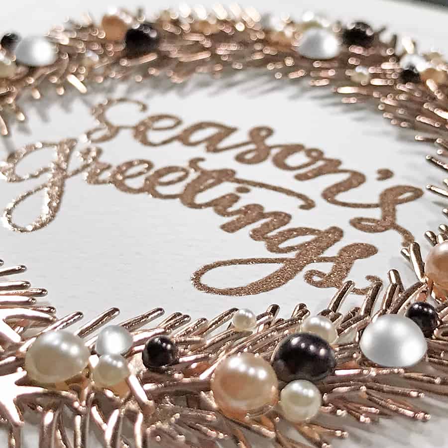 Pearls and Rose Gold Holiday Wreath Card