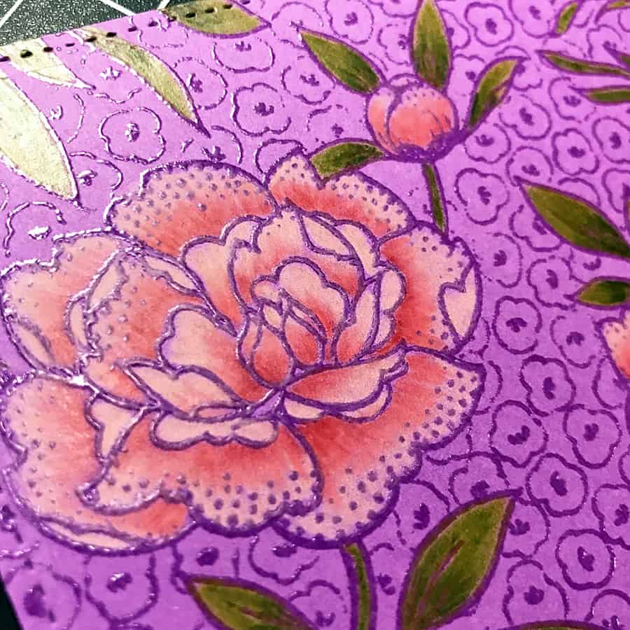 A Hand-Colored Floral Valentine, closeup of completed colored flower